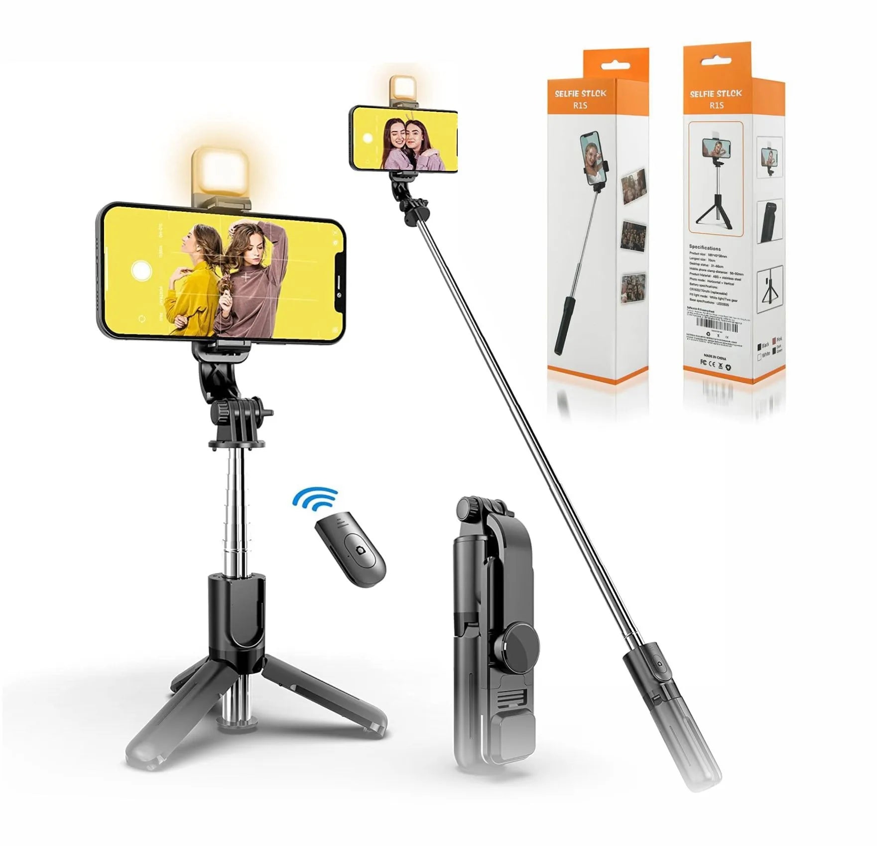 🤳 Selfie Stick Tripod R1S – Bluetooth Remote, LED Light & 360° Rotation 📸