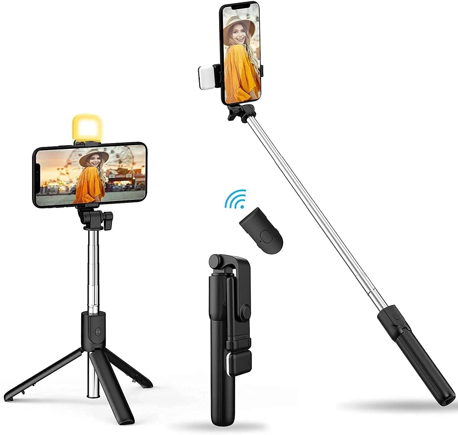 🤳 Selfie Stick Tripod R1S – Bluetooth Remote, LED Light & 360° Rotation 📸