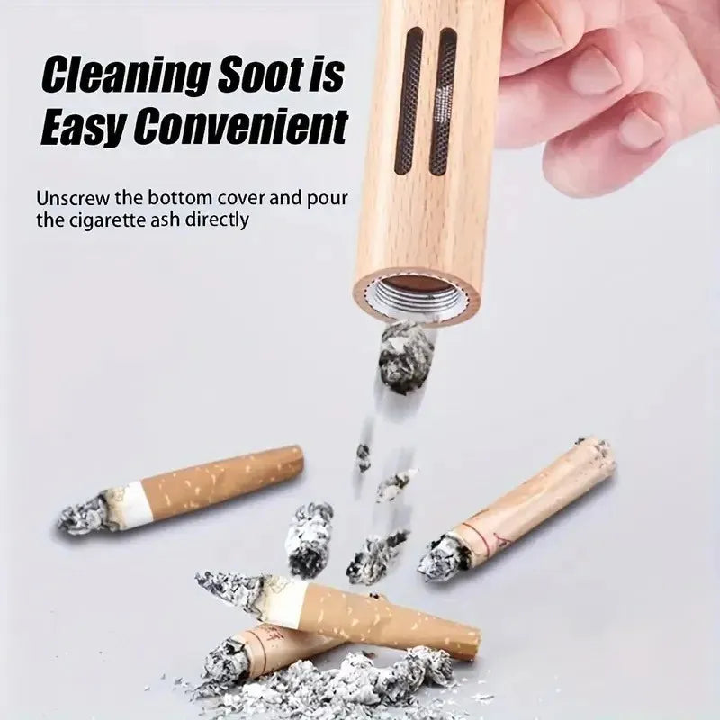 🚗🔥 Portable Mini Car Cigarette Ashtray – Anti Soot-Flying, No-Ash Design, Walnut Wood Finish 🌿