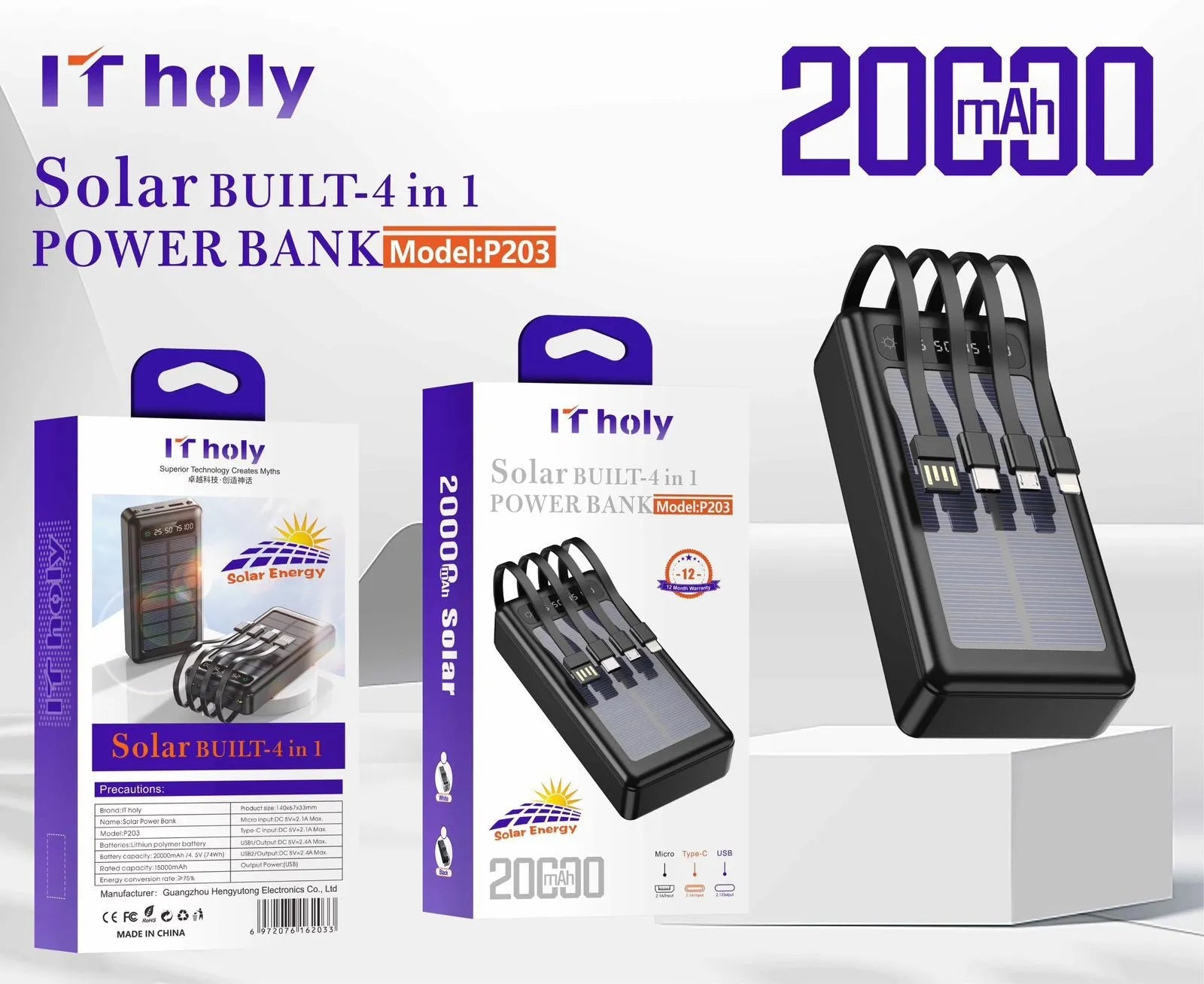 🔋☀️ Solar Built Power Bank – 20000mAh 4-in-1 Ultra Slim & Portable ⚡✨