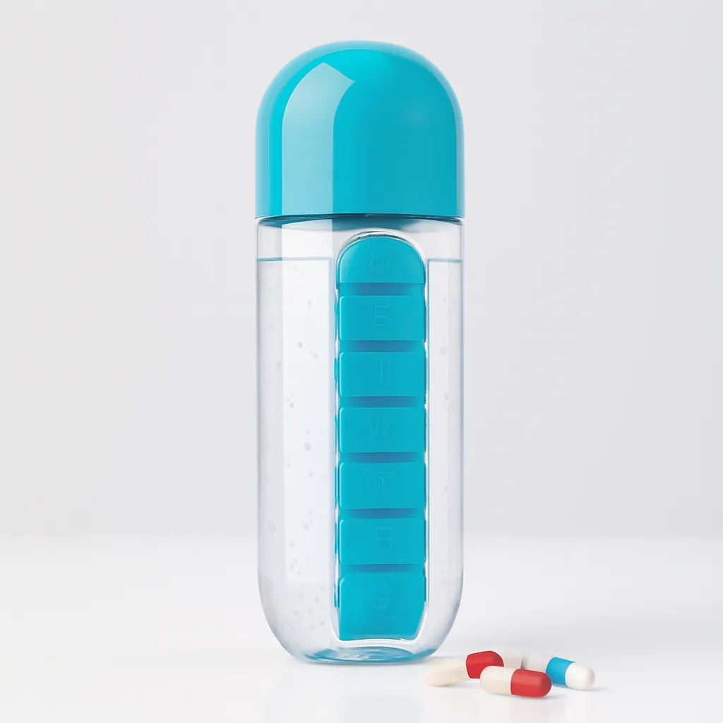 7-Day Pill Box + 600ml Water Bottle (BPA-Free & Travel Friendly)