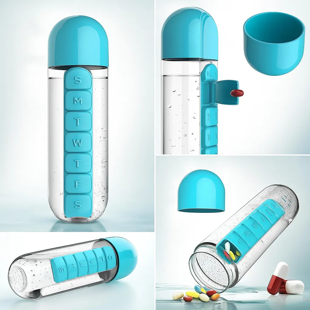 7-Day Pill Box + 600ml Water Bottle (BPA-Free & Travel Friendly)